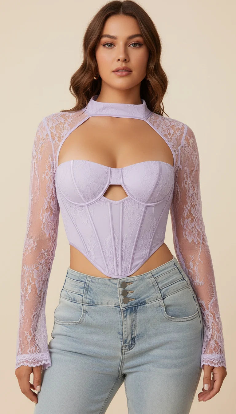 Top Corset Dentelle Lilas Manches