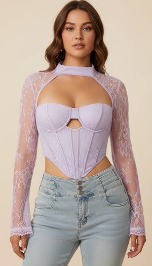 Top Corset Dentelle Lilas Manches - Vue principale