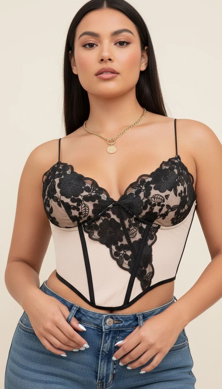 Top Corset Dentelle Nude Noir