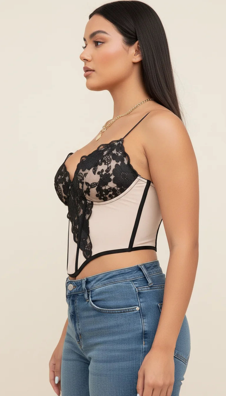 Top Corset Dentelle Nude Noir - Vue profil
