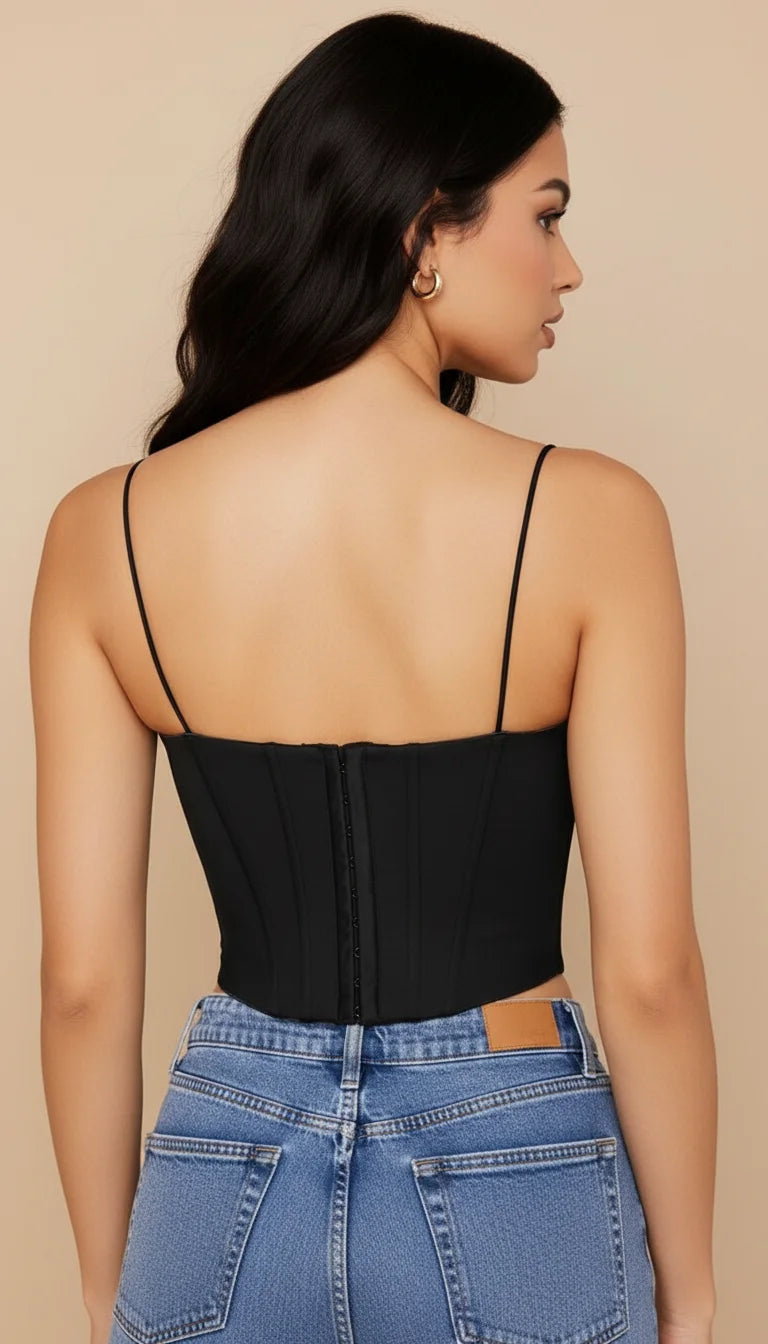 Top Corset Drapé Satin Noir - Vue dos