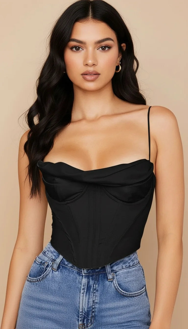 Top Corset Drapé Satin Noir - Vue principale