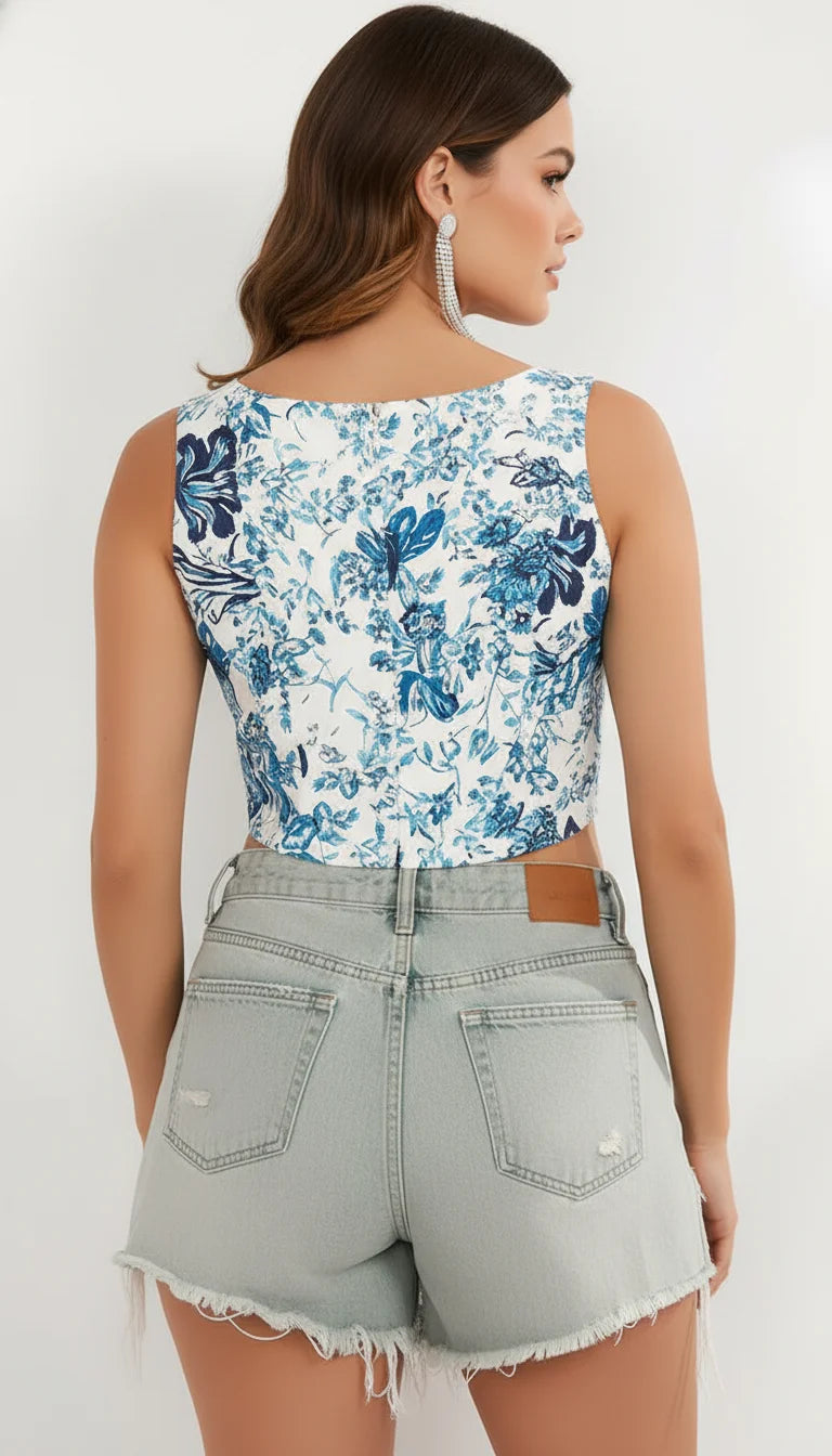 Top Corset Fleuri Blanc Bleu - Vue dos