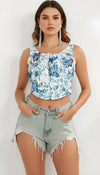 Top Corset Fleuri Blanc Bleu