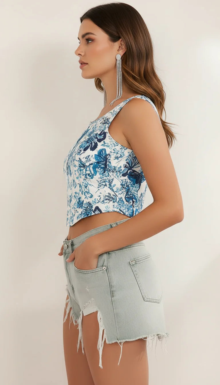 Top Corset Fleuri Blanc Bleu - Vue profil