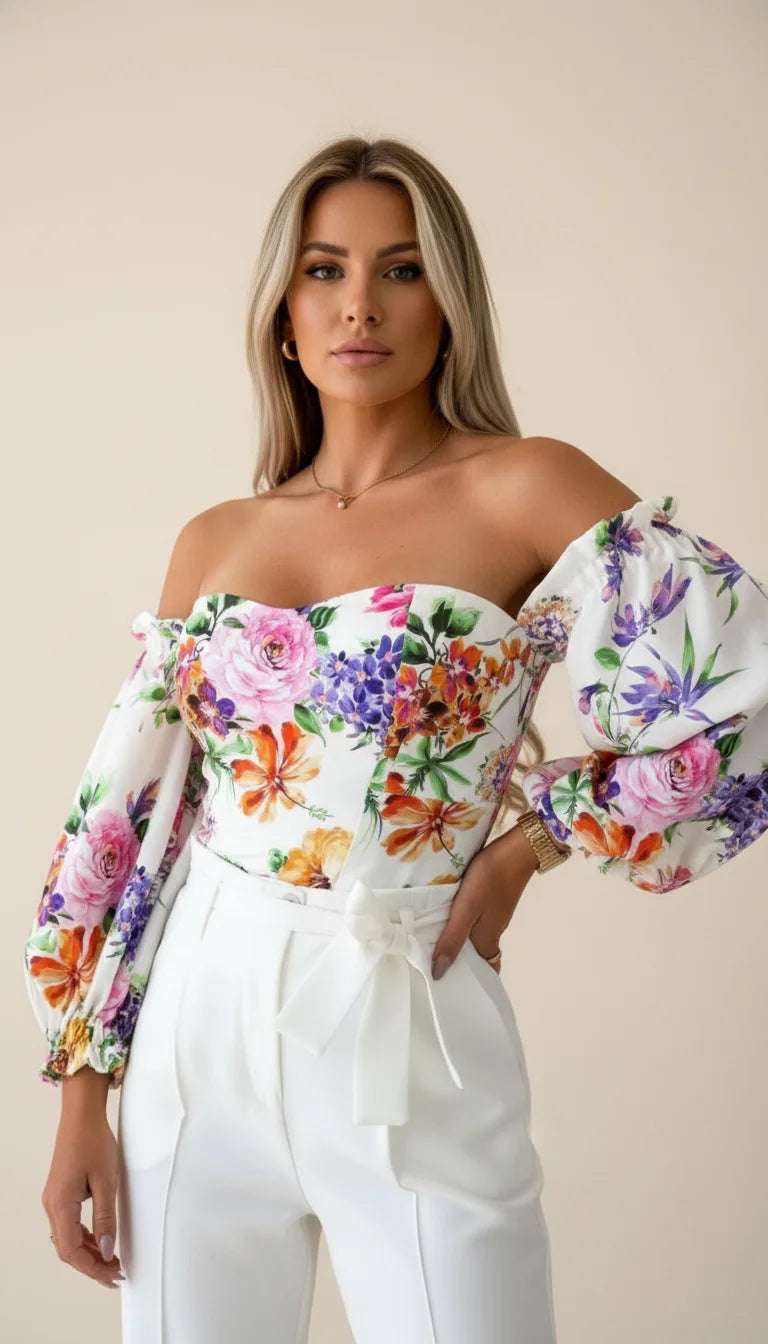 Top Corset Fleuri Épaules Dénudées - Vue principale