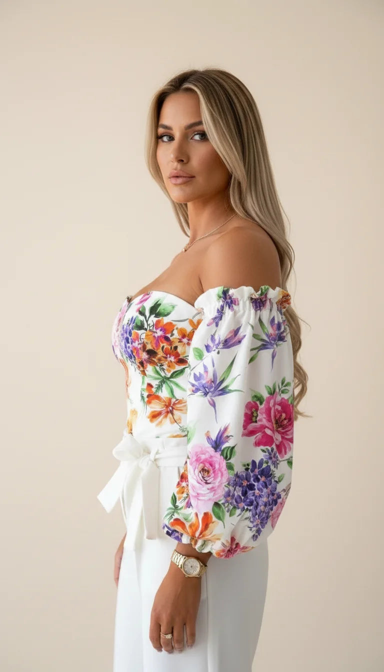 Top Corset Fleuri Épaules Dénudées - Vue profil