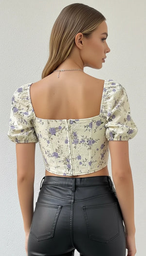 Top Corset Fleuri Manches Bouffantes Crème - Vue dos