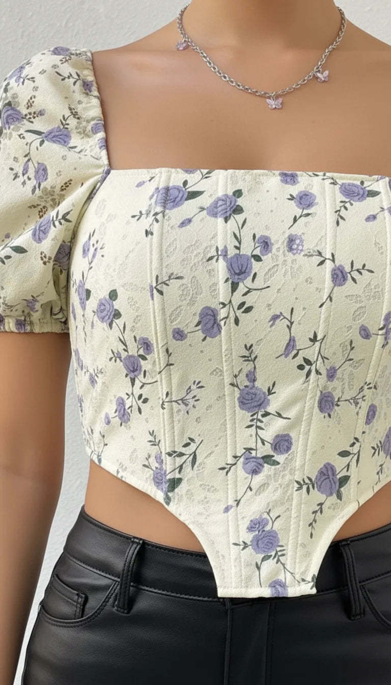 Top Corset Fleuri Manches Bouffantes Crème - Vue face
