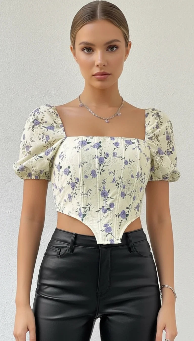 Top Corset Fleuri Manches Bouffantes Crème - Vue principale