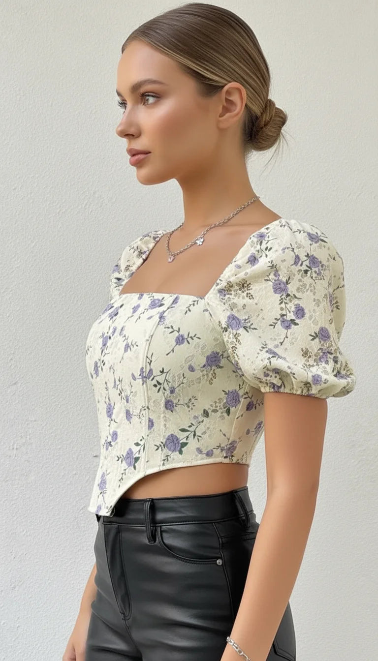 Top Corset Fleuri Manches Bouffantes Crème - Vue profil