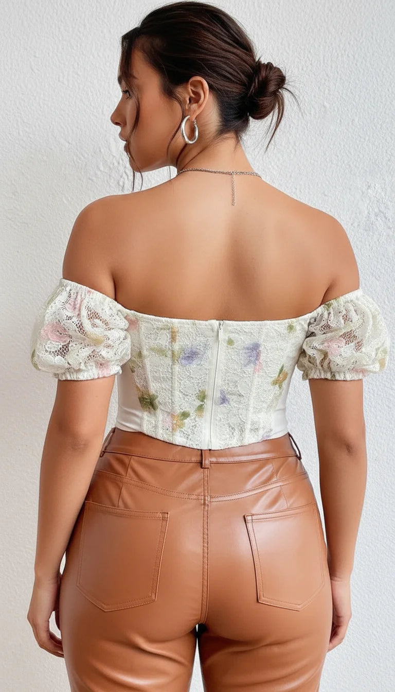 Top Corset Fleuri Manches Voile Blanc - Vue dos