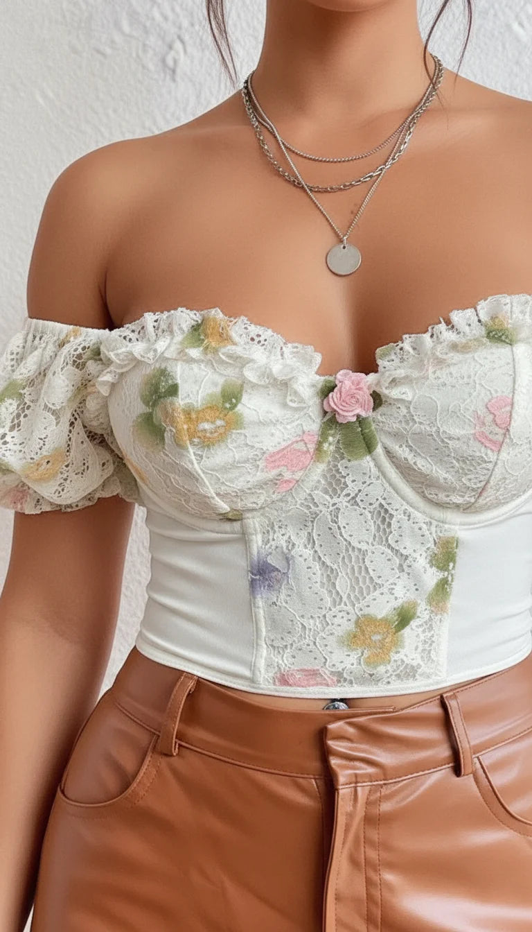 Top Corset Fleuri Manches Voile Blanc - Vue face