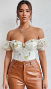 Top Corset Fleuri Manches Voile Blanc
