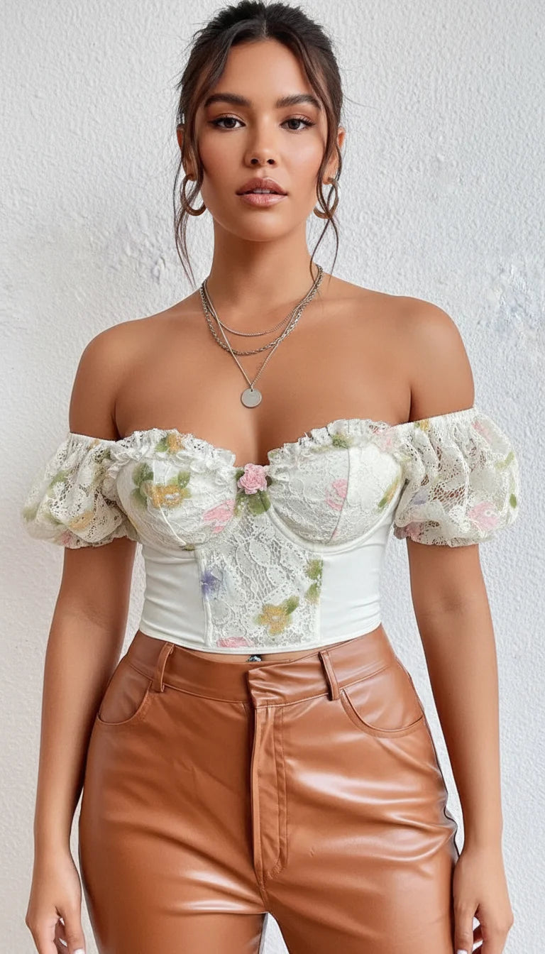 Top Corset Fleuri Manches Voile Blanc