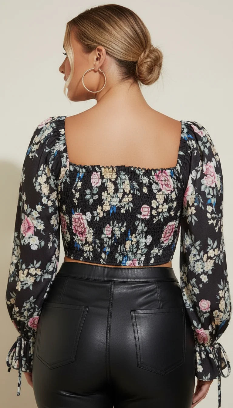 Top Corset Fleuri Manches Volumineuses - Vue dos