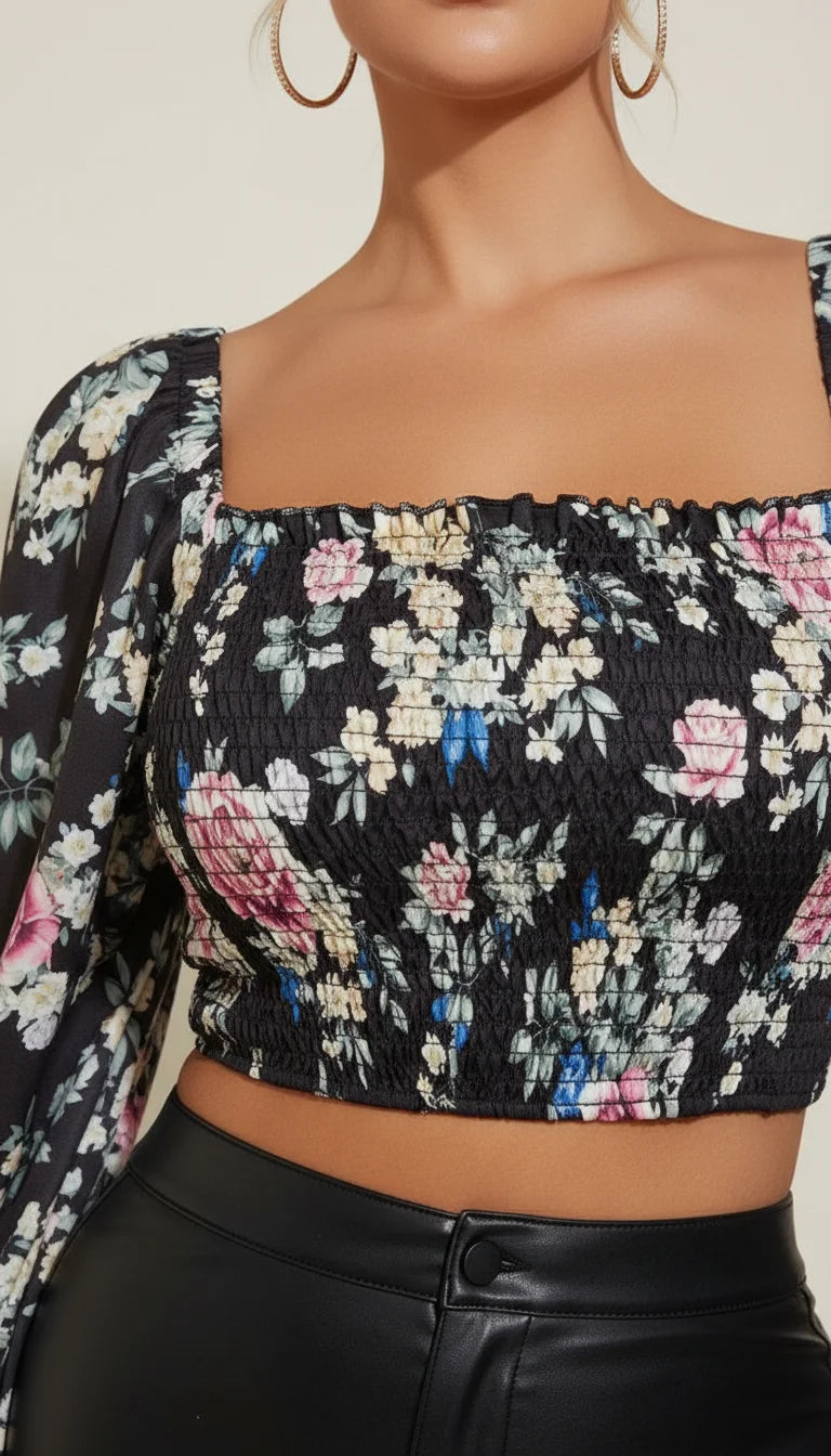 Top Corset Fleuri Manches Volumineuses - Vue face