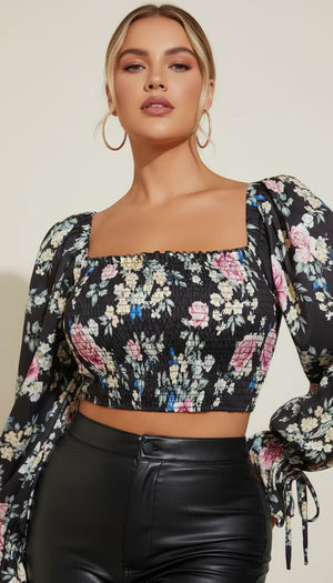 Top Corset Fleuri Manches Volumineuses - Vue principale