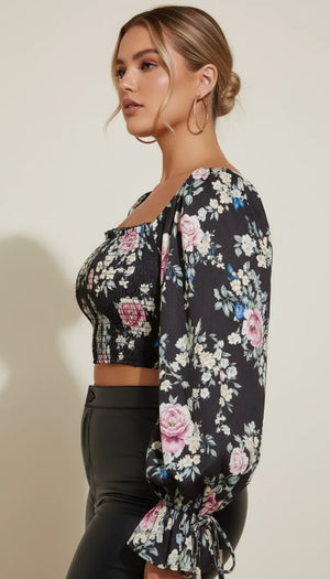 Top Corset Fleuri Manches Volumineuses - Vue profil