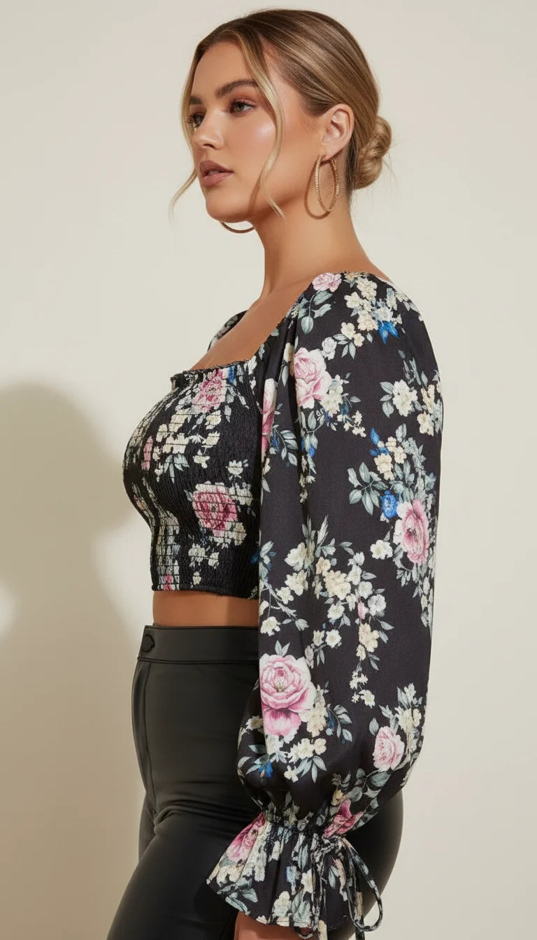 Top Corset Fleuri Manches Volumineuses - Vue profil