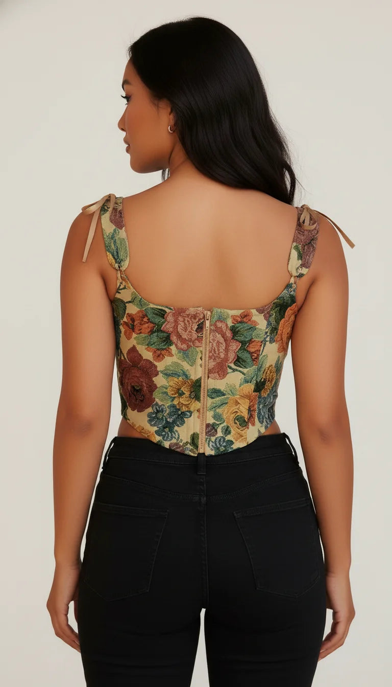 Top Corset Fleuri Vintage Jaune - Vue dos
