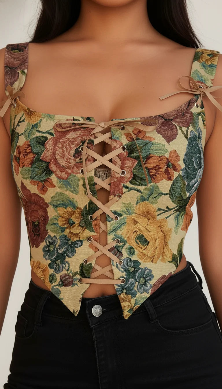Top Corset Fleuri Vintage Jaune - Vue face