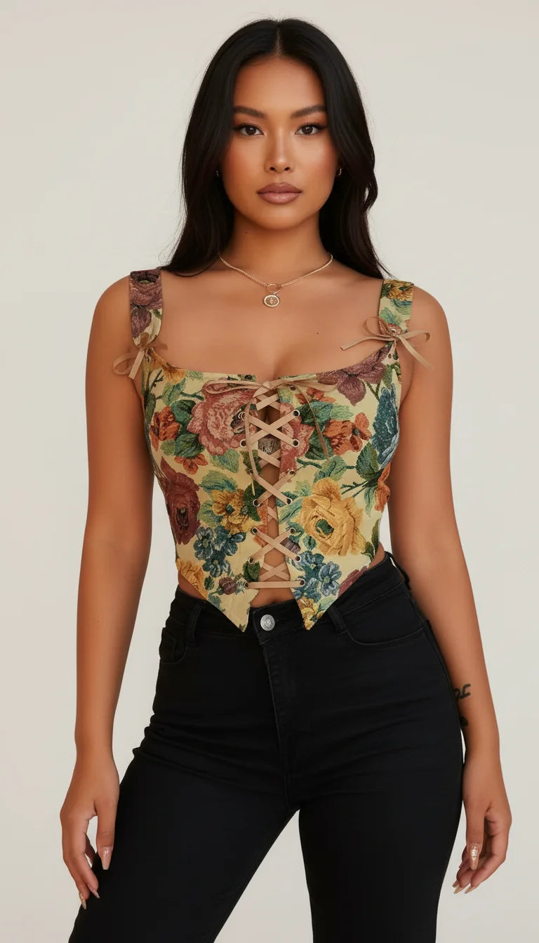 Top Corset Fleuri Vintage Jaune - Vue principale