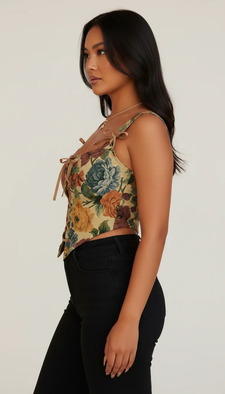 Top Corset Fleuri Vintage Jaune - Vue profil