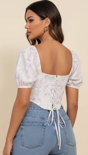 Top Corset Floral Manches Bouffantes - Vue dos