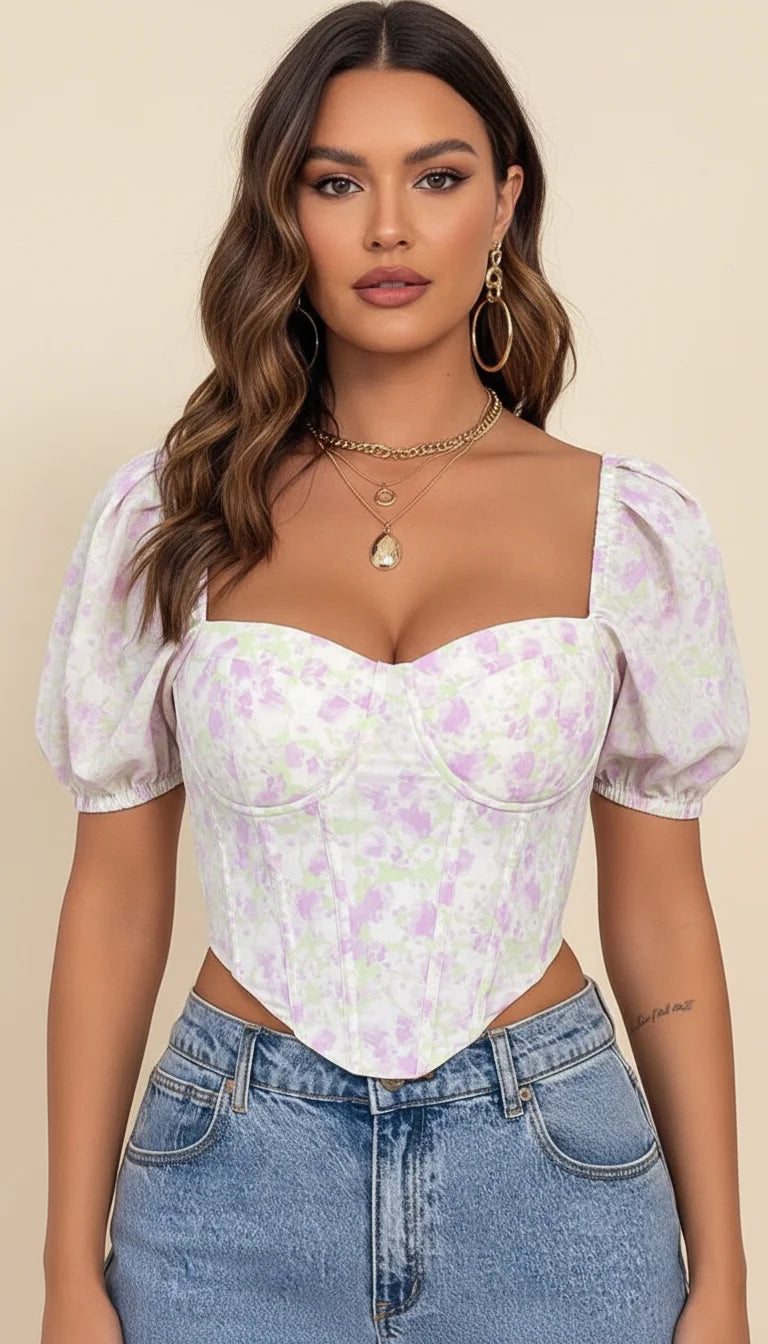 Top Corset Floral Manches Bouffantes - Vue principale