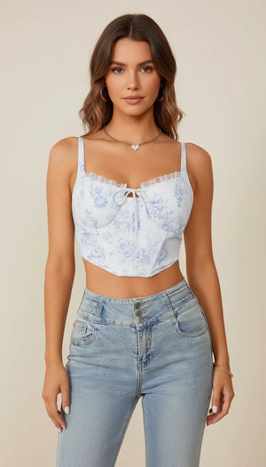 Top Corset Floral Noué Bleu - Vue principale
