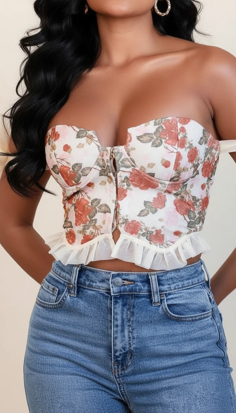 Top Corset Floral Nœuds Volants - Vue face