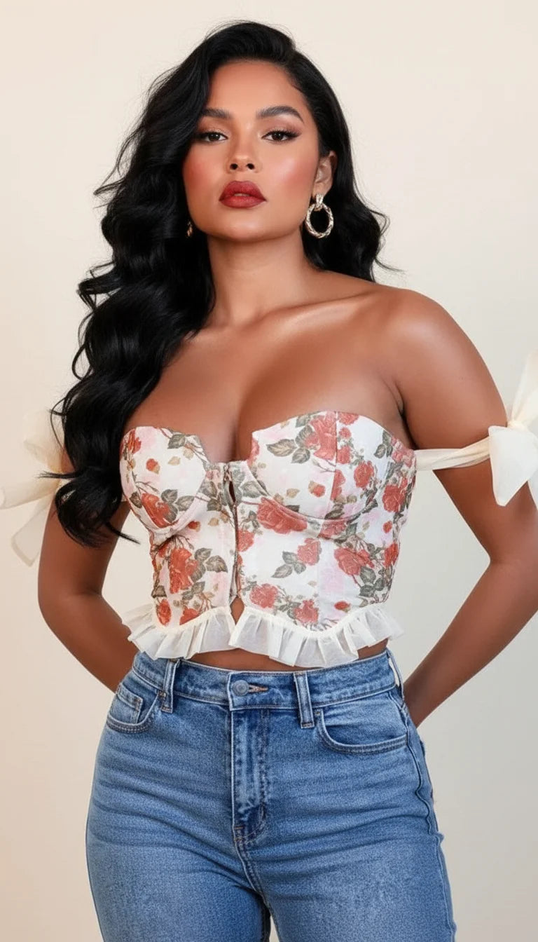 Top Corset Floral Nœuds Volants