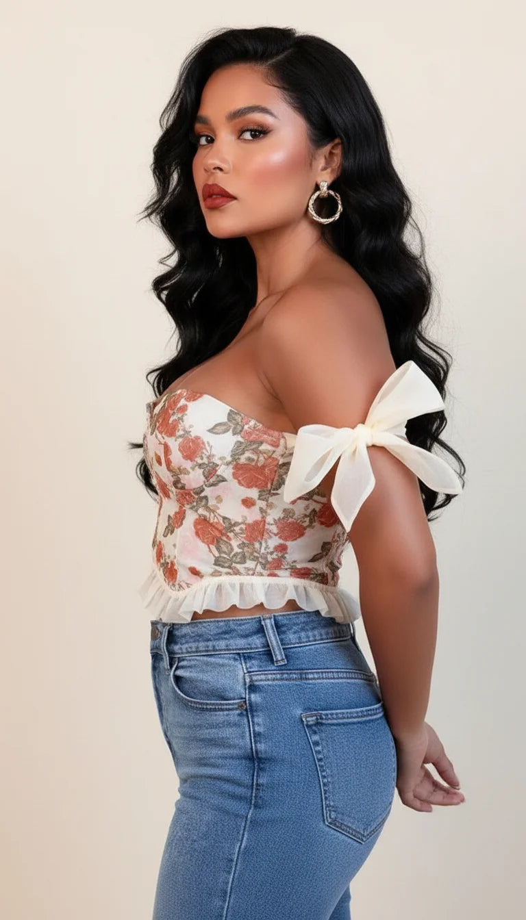 Top Corset Floral Nœuds Volants - Vue profil