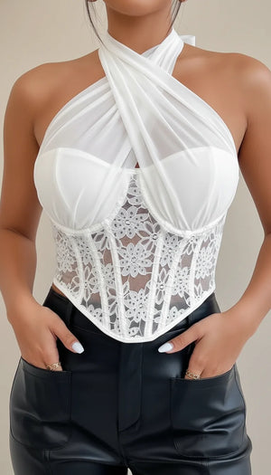 Top Corset Halter Dentelle Florale - Vue face