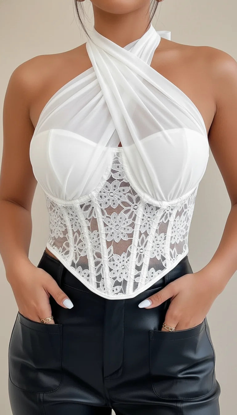Top Corset Halter Dentelle Florale - Vue face