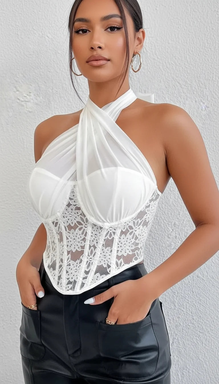 Top Corset Halter Dentelle Florale - Vue principale