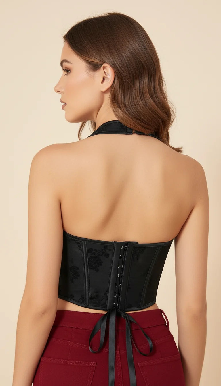 Top Corset Halter Jacquard Noir - Vue dos