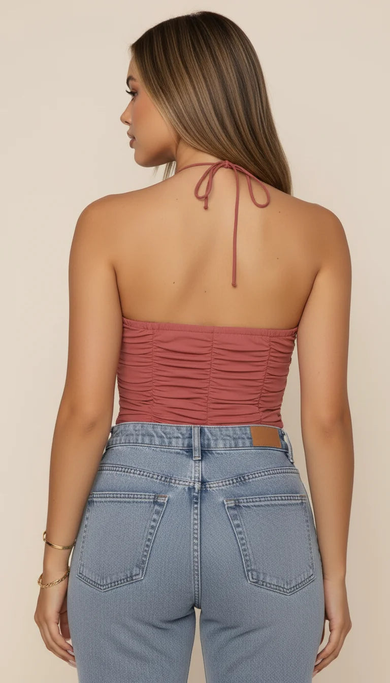 Top Corset Halter Ruché Rose Poudré - Vue dos