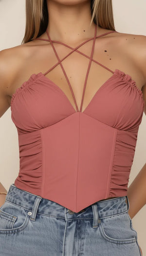 Top Corset Halter Ruché Rose Poudré - Vue face
