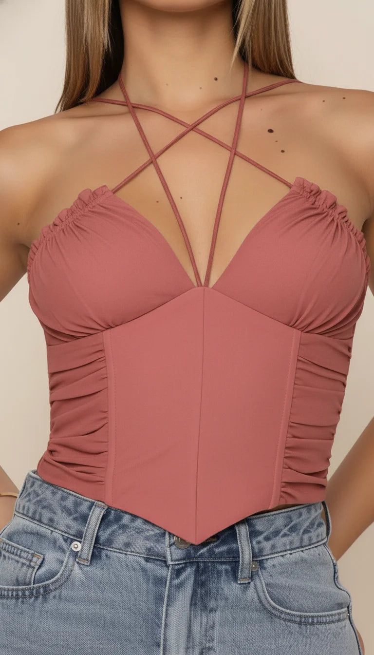 Top Corset Halter Ruché Rose Poudré - Vue face
