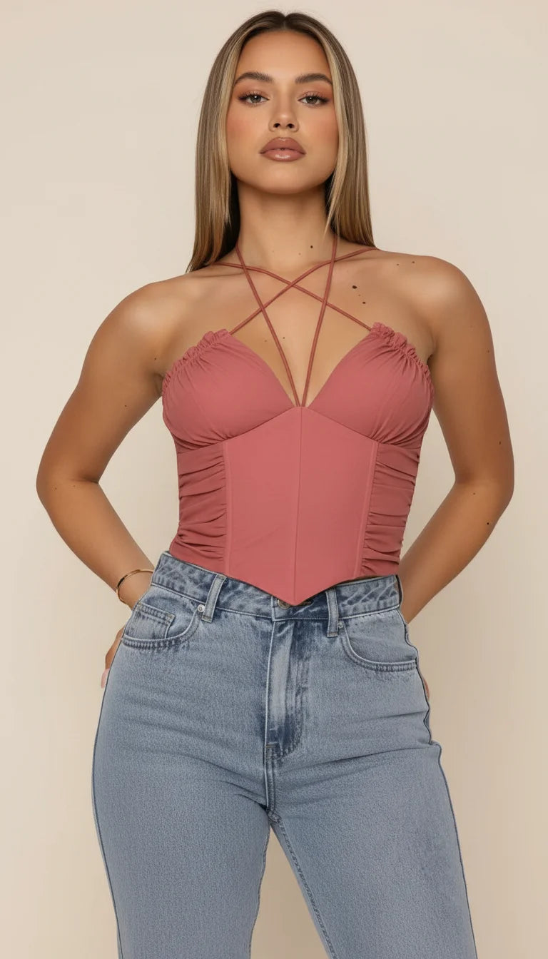 Top Corset Halter Ruché Rose Poudré - Vue principale