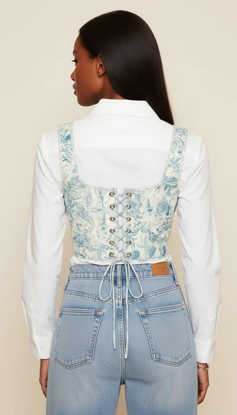 Top Corset Laçage Floral Turquoise - Vue dos