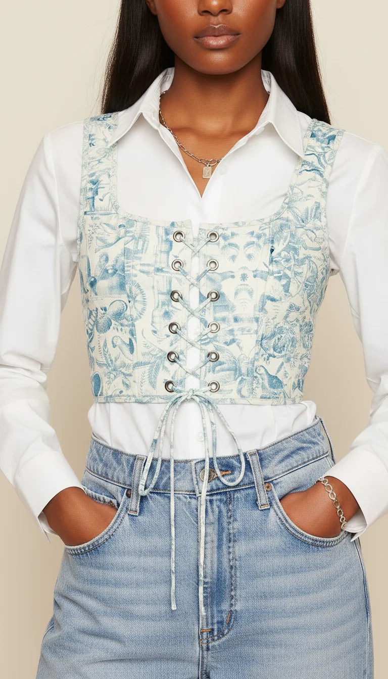 Top Corset Laçage Floral Turquoise - Vue face