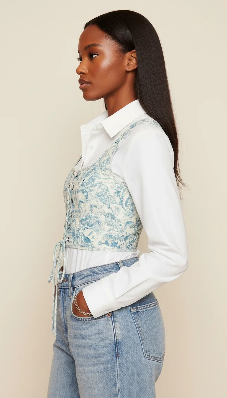 Top Corset Laçage Floral Turquoise - Vue profil