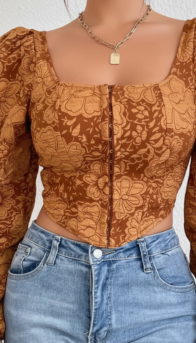 Top Corset Manches Bouffantes Jacquard - Vue face