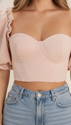 Top Corset Manches Bouffantes Rosé Texturé - Vue face