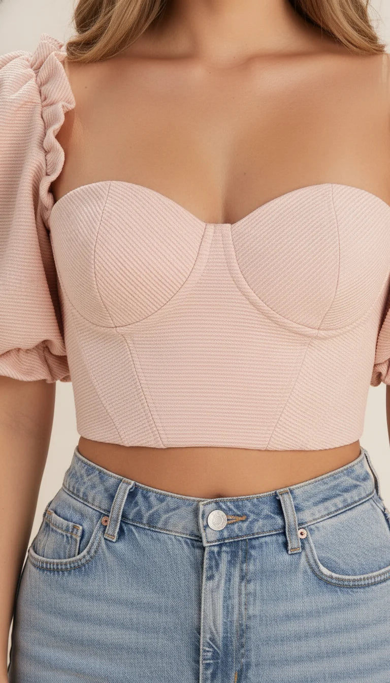 Top Corset Manches Bouffantes Rosé Texturé - Vue face
