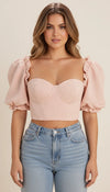 Top Corset Manches Bouffantes Rosé Texturé