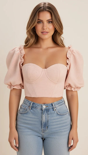 Top Corset Manches Bouffantes Rosé Texturé - Vue principale